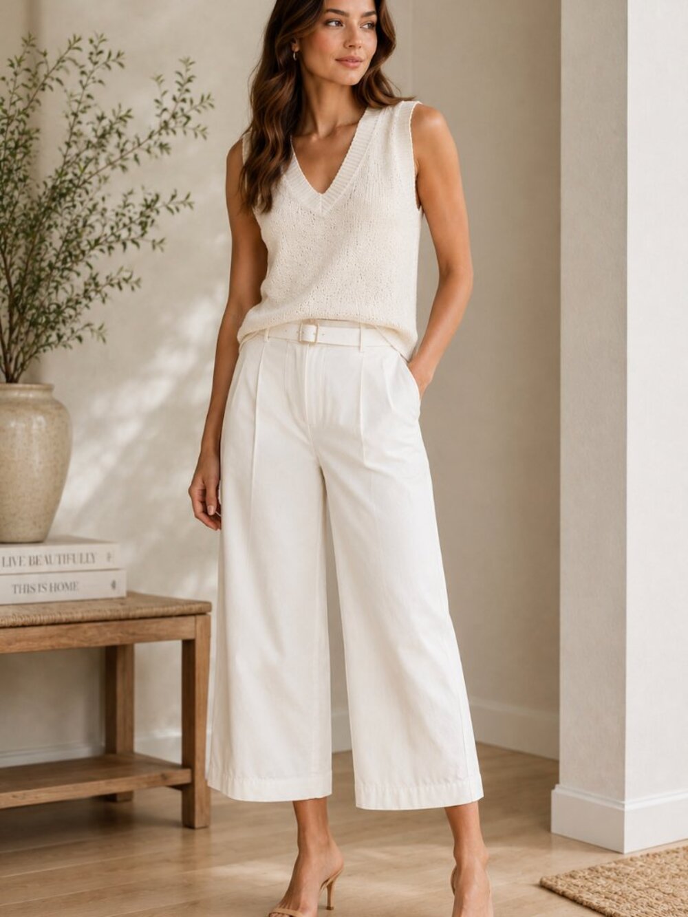 Banana Republic High Rise Belted Wide Leg Pants Cream Cotton Cropped Minimal
